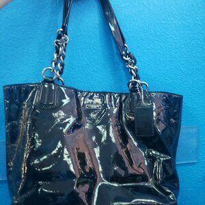 Authentic Coach Patent Leather Signature Embossed Black Handbag Purse Silver